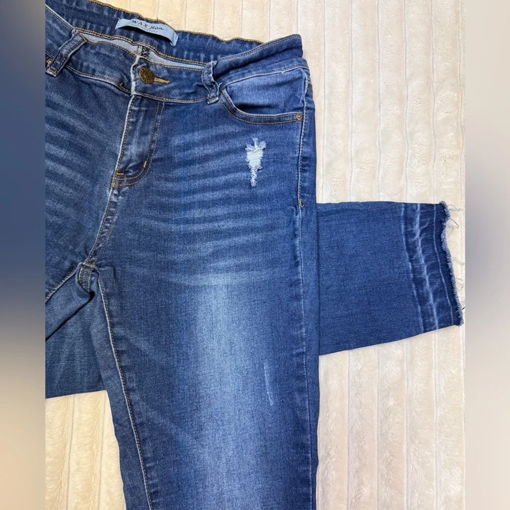 Wax Jean: Junior Distressed Blue High Rise Skinny Jean, Raw Hem Ankle, Size 9